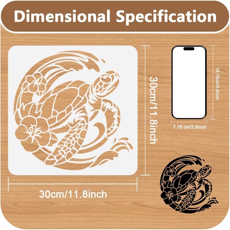DOODLREAM Sea Turtle Flower Stencil for Painting, 11.8"x11.8" Reusable Plastic Sea Animal Waves Stencil Drawing Templates, DIY Craft Paint Template for Wall Home Decor Wood Burning Card Journal Paper - Image 2